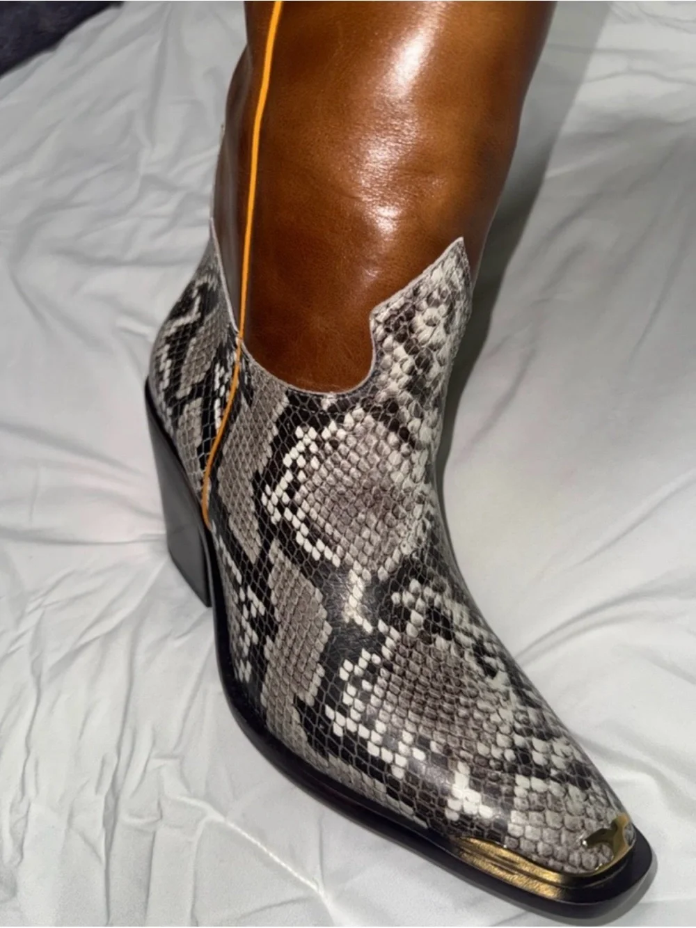 Tory Burch Tall Brown Leather and Snake-Print Knee Boots